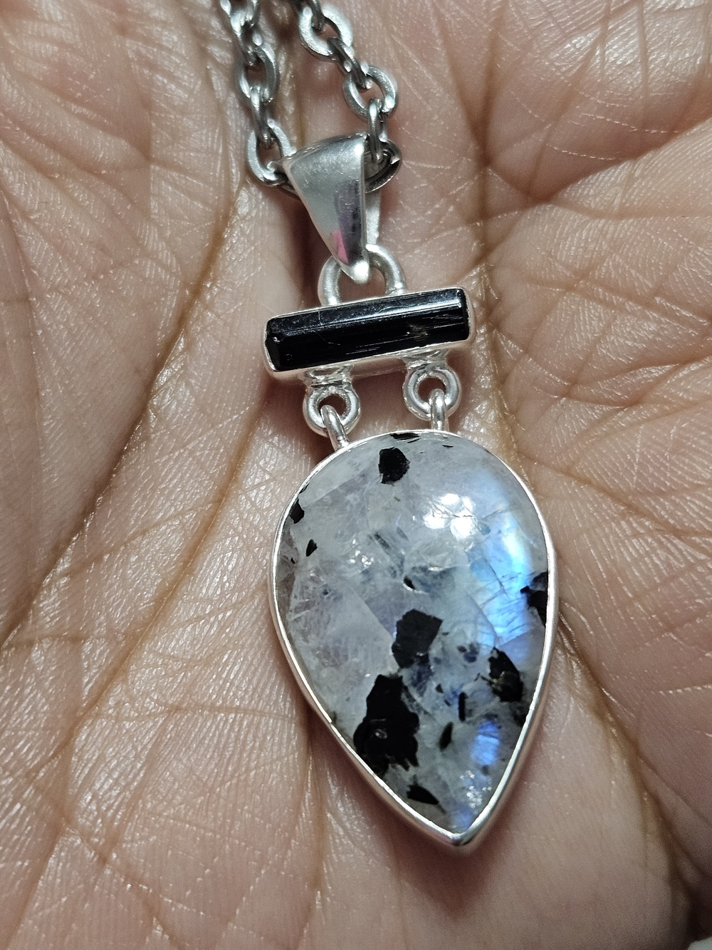 925S Moonstone Teardrop Pendant With Black Tourmaline Bar